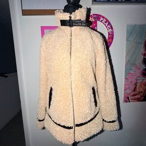 Madden Girl Cream Teddy Sherpa Jacket Cozy Zip Fleece Coat Neutral Winter